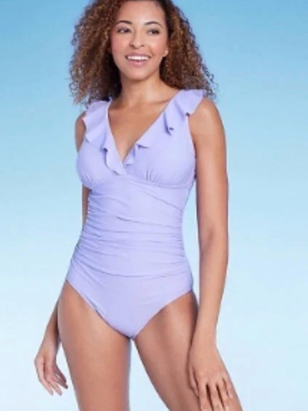 Size S Shade & Shore Figure Flattering Lavender Ruffle V-Neck Swimsuit